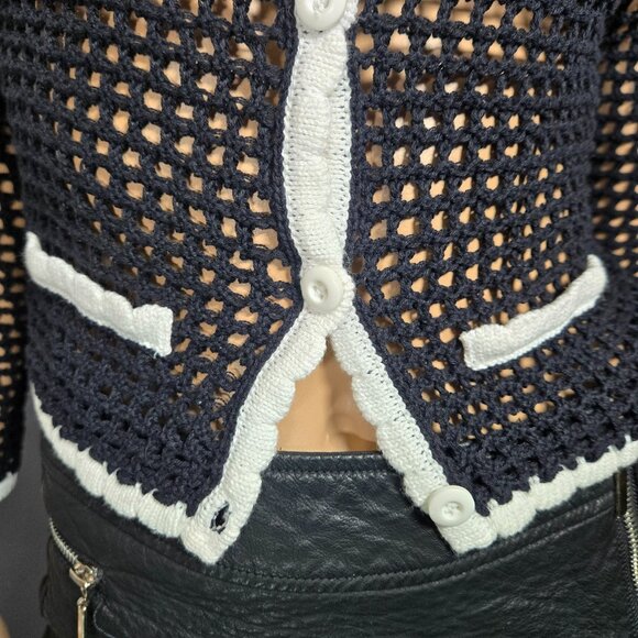 Y2K Black Crochet Fitted Cardigan White Trim Size S Retro Mod Dark Coquette - Picture 3 of 11